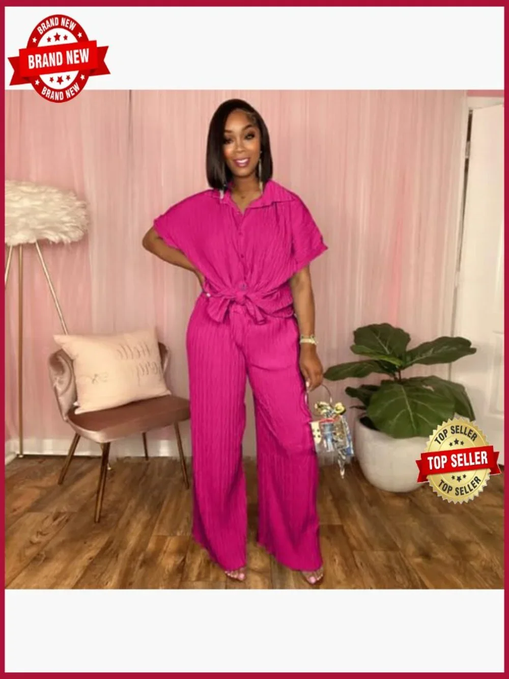 Two Piece Set - Button Down Shirt & Wide Leg Pants Matching Tracksuit